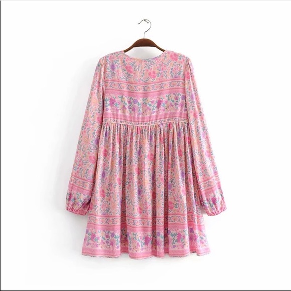 Babydoll Boho Floral Gypsy 70s Print Dress Pink - Picture 4 of 11